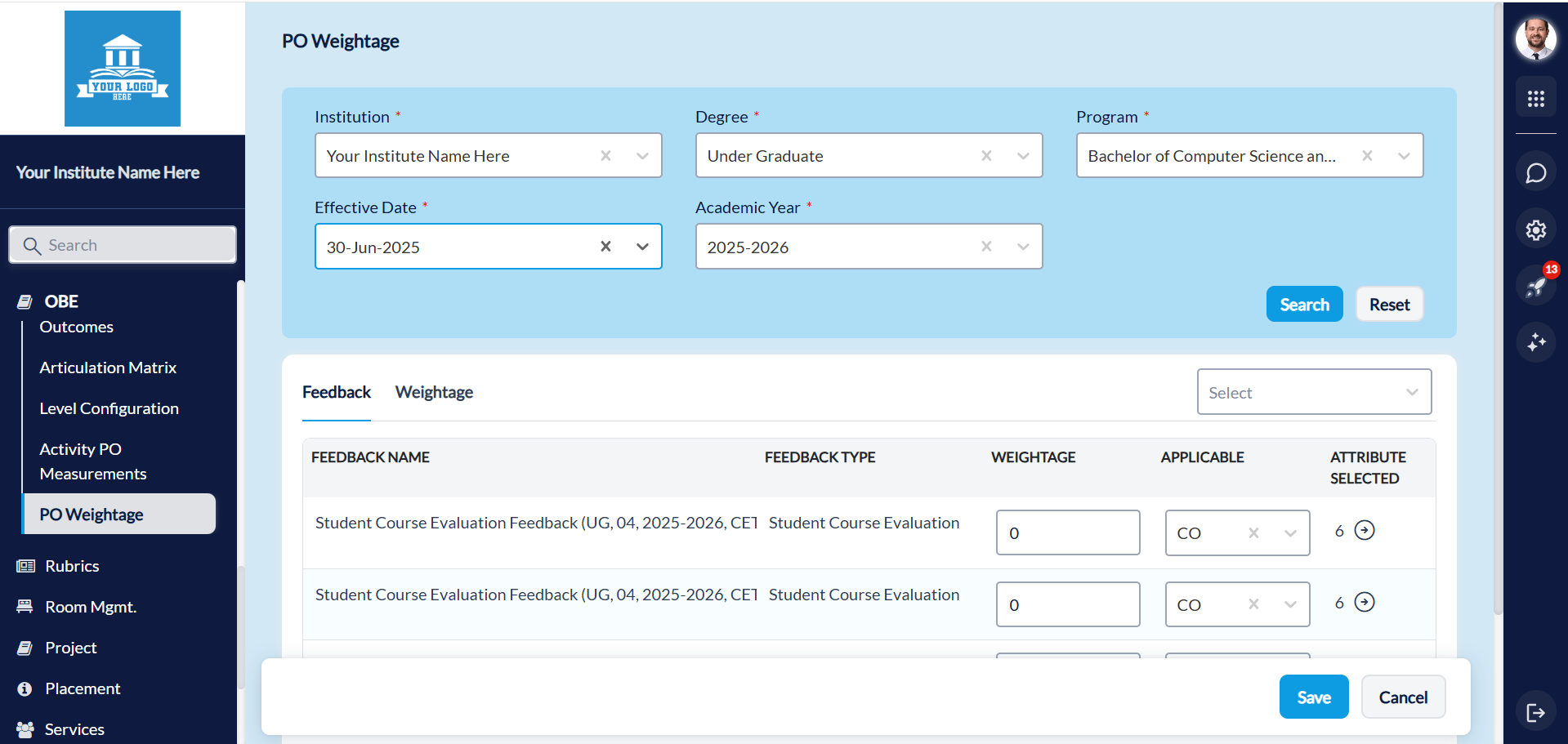 CO weightage and PO weightage management
